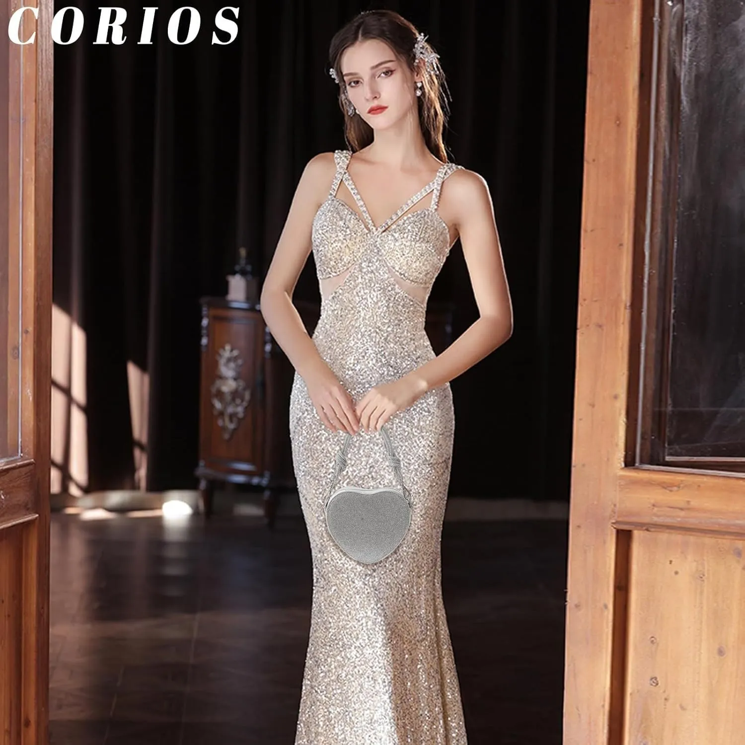 Bridal Wedding Purse Glitter Shoulder Crossbody Evening for Women Luxury Heart Shape Clutch Rhinestone Handbag