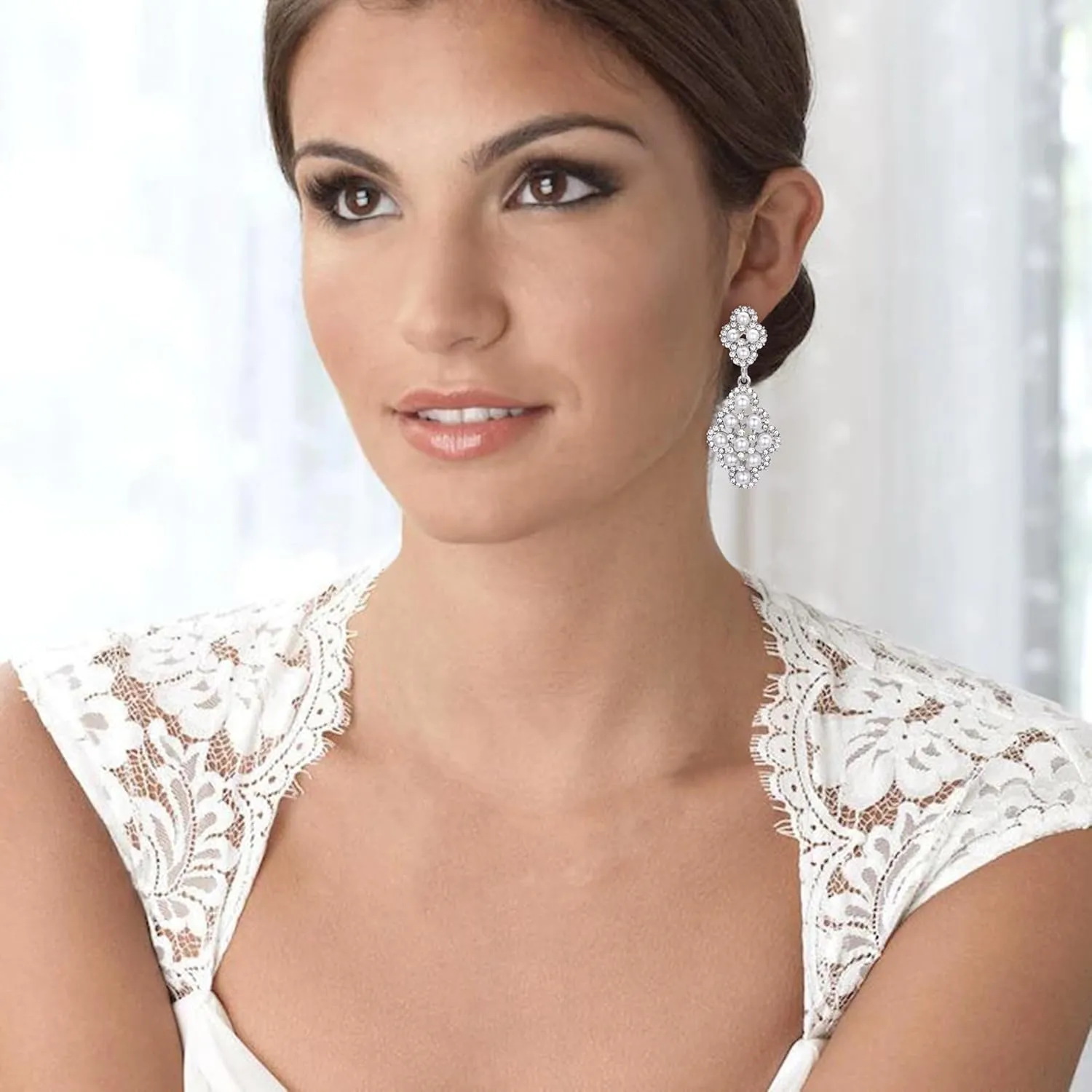 BriLove Women's Wedding Bridal Rhombus Crystal Simulated Pearl Hollow Chandelier Clip-On Dangle Earrings