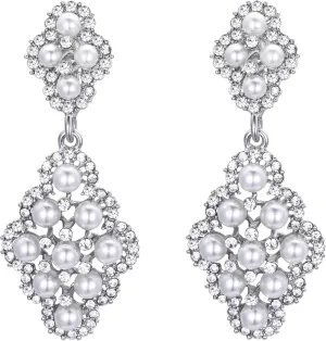 BriLove Women's Wedding Bridal Rhombus Crystal Simulated Pearl Hollow Chandelier Clip-On Dangle Earrings