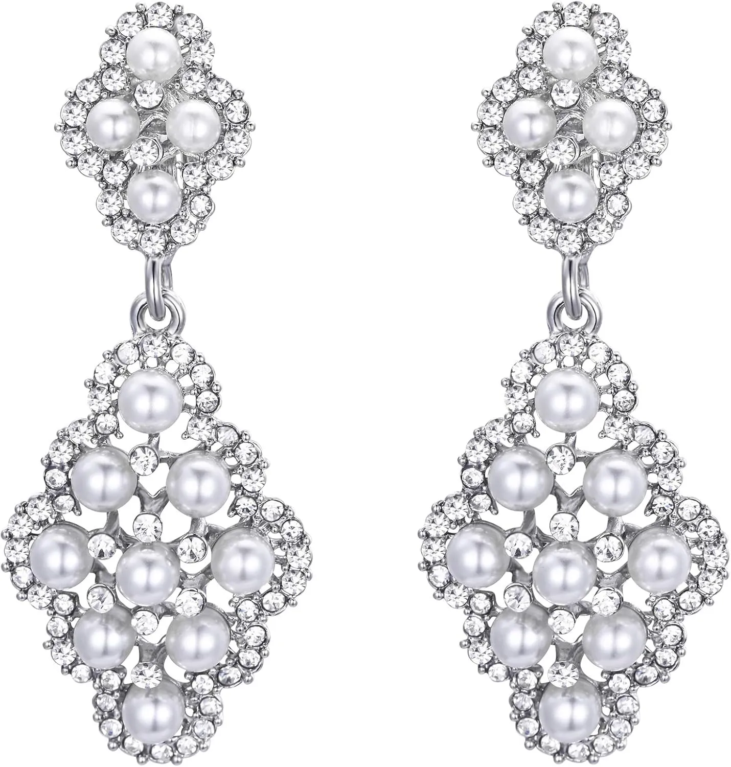 BriLove Women's Wedding Bridal Rhombus Crystal Simulated Pearl Hollow Chandelier Clip-On Dangle Earrings