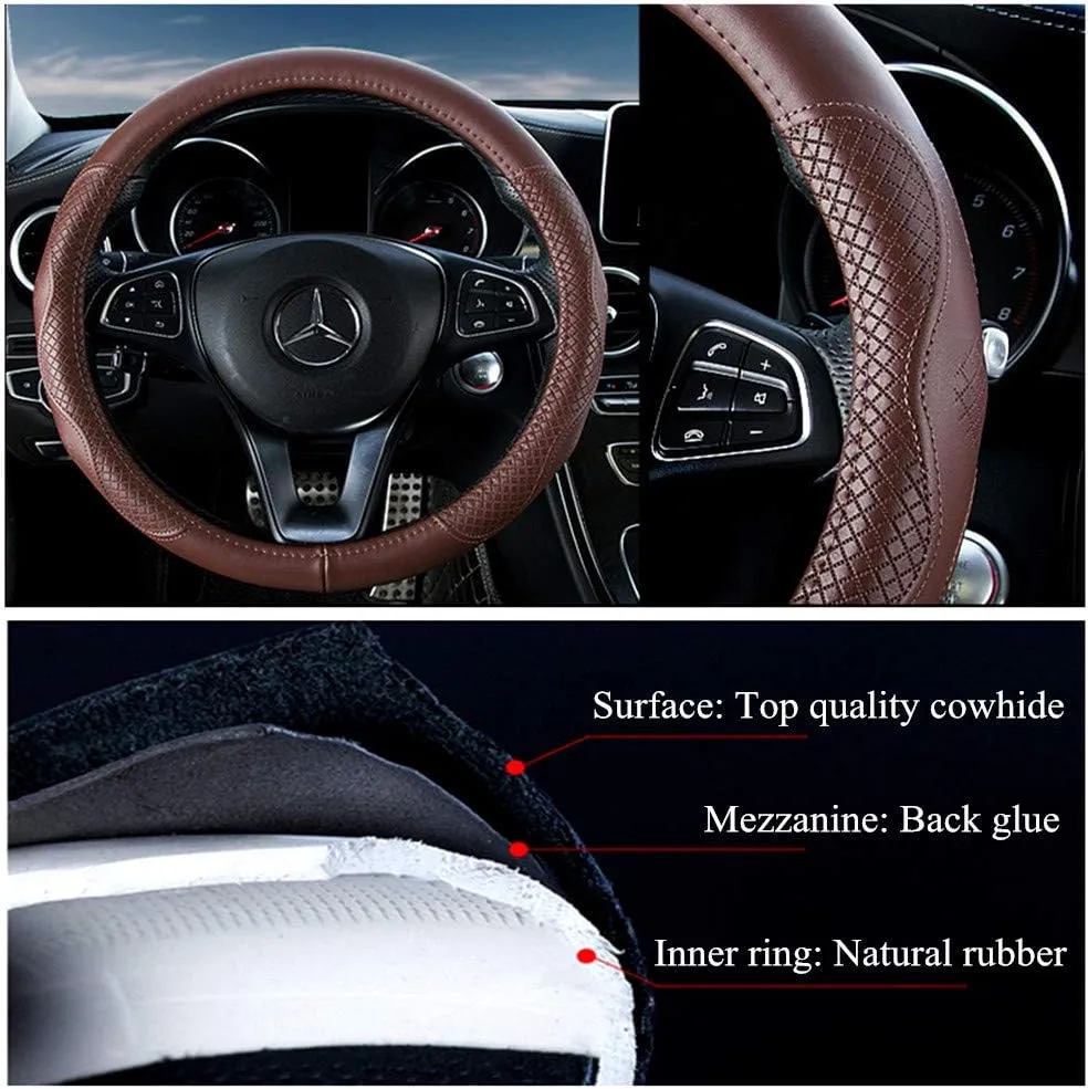 Brown Wheel Cover Cowhide Steering Wheel Cover Brown Leather Car Steering Wheel Cover Universal 15.5inch / Size L Fit Car/Auto/SUV (B-Brown-L)