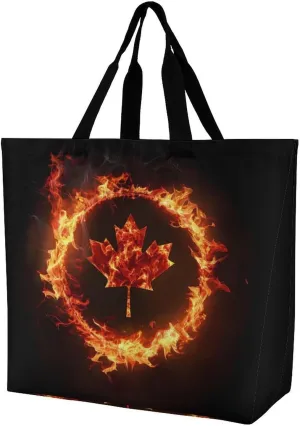 Canada Flag Canadian Flame Flag Reusable Shopping Bag with Shoulder Straps Portable Collapsible Grocery Tote Bags