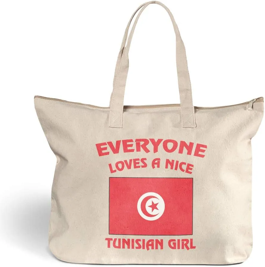 Canvas Beach Tote Everyone Loves A Nice Tunisian Girl Countries Shopping Bags Zippered Design Only