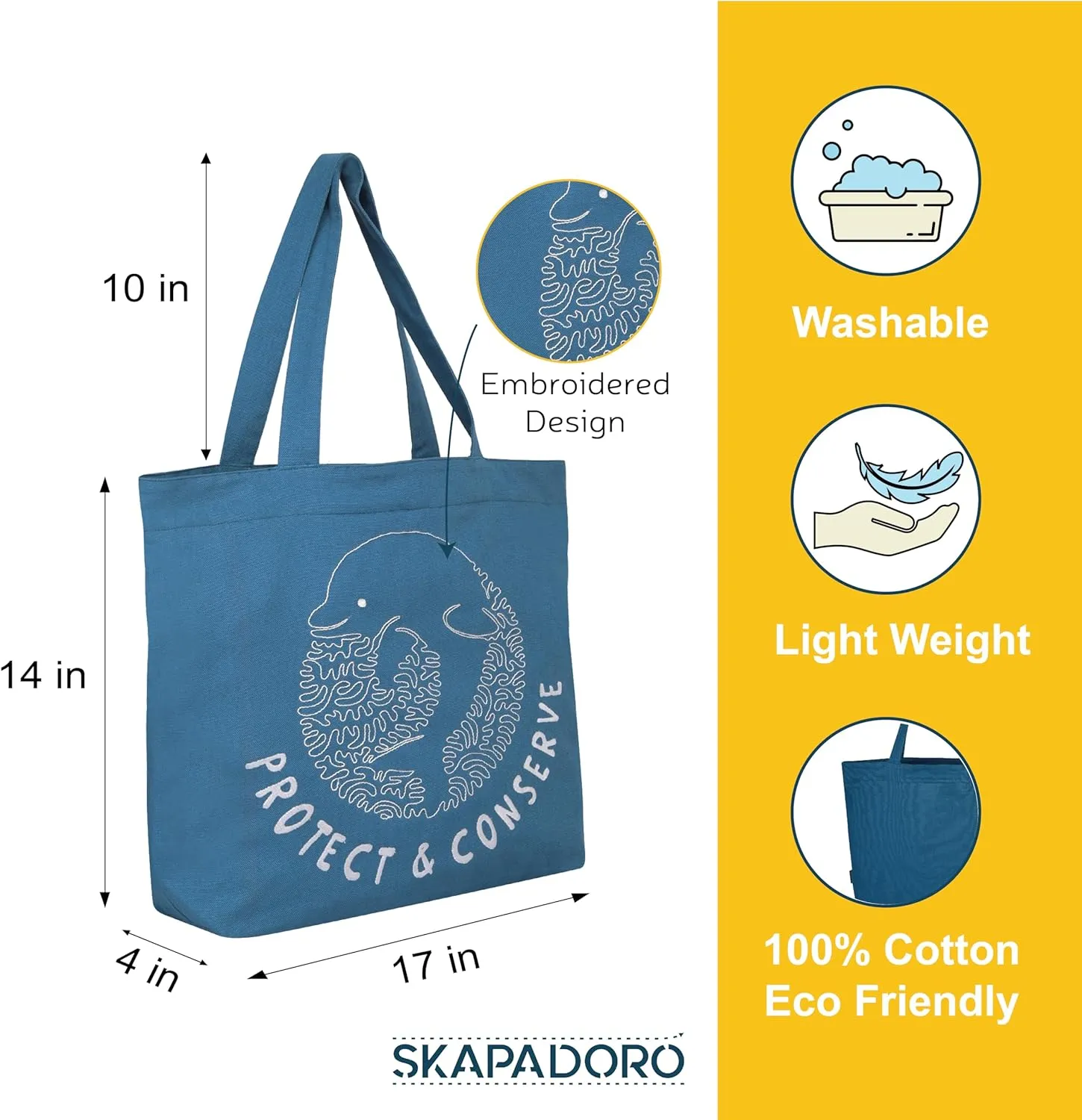 Canvas Big Zip Printed Handbag Tote, Cotton, Inner Pocket, Ecofriendly Bags for Women, Shopping Bag, Easy to Wash
