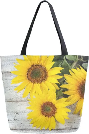 Canvas Tote Bag Autumn Background with Yellow Sunflowers on White Wooden Board with Copy Space Women Shoulder Bag Reusable Grocery Bags Large Handbag Travel Shopping Bag for School Nursing Gift Outd
