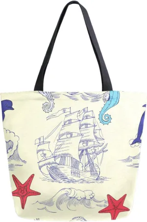 Canvas Tote Bag Nautical Sailing Boat Women Shoulder Bag Starfish Seashore Reusable Grocery Bags Large Handbag Travel Shopping Bag for School Nursing Gift Outdoors