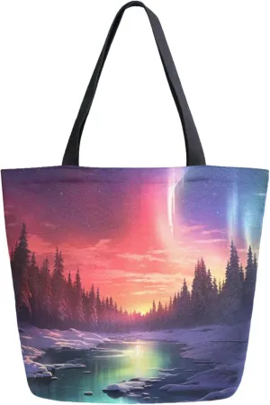 Canvas Tote Bag Norway Aurora Landscape Reusable Grocery Bag Travel Bag Handbag Top Handle Shoulder Bags Eco Friendly Tote Shopping Bag S0403341