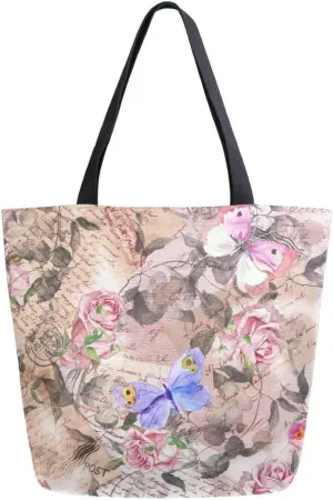 Canvas Tote Bag Rose Flowers Butterflies Women Shoulder Bag Summer Letters Stamps Reusable Grocery Bags Large Handbag Travel Shopping Bag for School Nursing Gift Outdoors