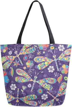 Canvas Tote Bag Summer Dragonflies Violet Women Shoulder Bag Spring Doodle Mosaic Flowers Reusable Grocery Bags Large Handbag Travel Shopping Bag for School Nursing Gift Outdoors