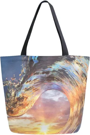 Canvas Tote Bag Summer Sea Water Women Shoulder Bag Ocean Sunset Reusable Grocery Bags Large Handbag Travel Shopping Bag for School Nursing Gift Outdoors