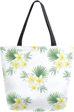Canvas Tote Bag Tropics Flowers Leaves Women Shoulder Bag Summer Monstera Palm Plumeria Reusable Grocery Bags Large Handbag Travel Shopping Bag for School Nursing Gift Outdoors