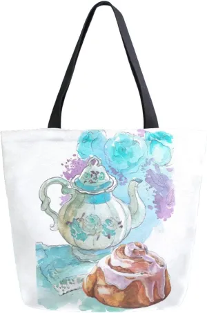 Canvas Tote Bag Vintage Porcelain Teapot Women Shoulder Bag Cup Bun Flowers Reusable Grocery Bags Large Handbag Travel Shopping Bag for School Nursing Gift Outdoors