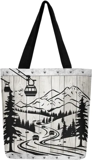 Castle Fairy Skiing Canvas Tote Bag 19.7x5.1 Inch Winter Farmhouse Shoulder Handbags for Adults Shopping Gym