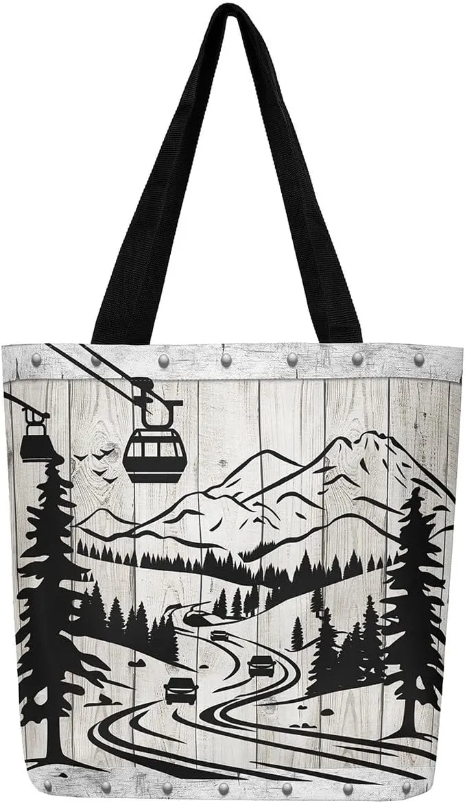 Castle Fairy Skiing Canvas Tote Bag 19.7x5.1 Inch Winter Farmhouse Shoulder Handbags for Adults Shopping Gym