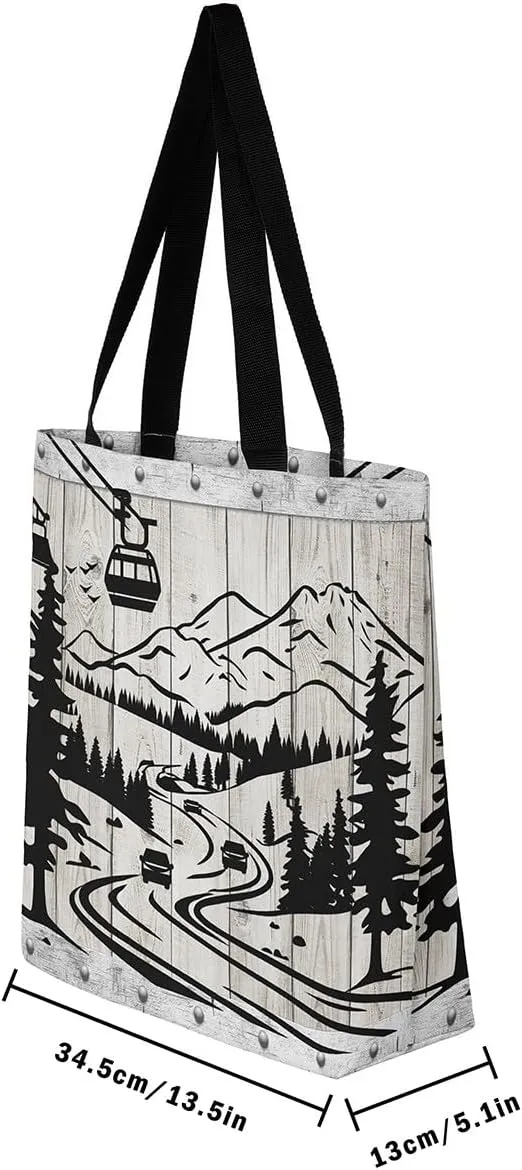 Castle Fairy Skiing Canvas Tote Bag 19.7x5.1 Inch Winter Farmhouse Shoulder Handbags for Adults Shopping Gym