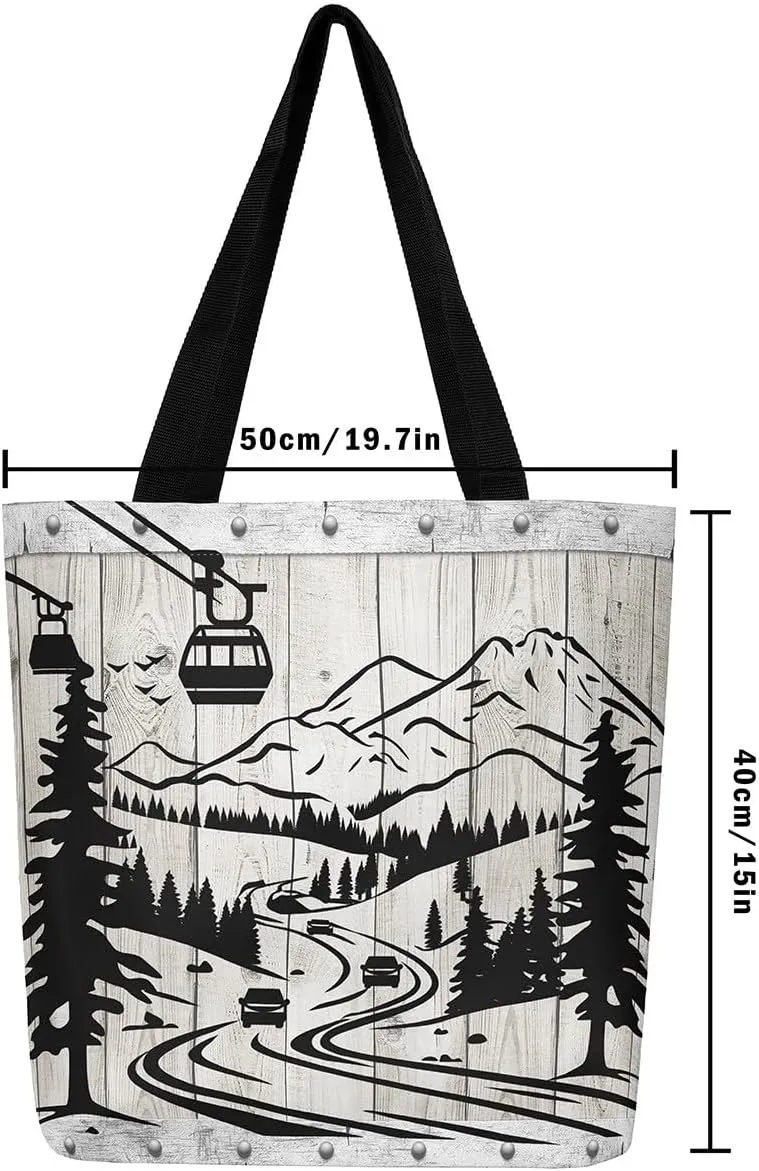 Castle Fairy Skiing Canvas Tote Bag 19.7x5.1 Inch Winter Farmhouse Shoulder Handbags for Adults Shopping Gym