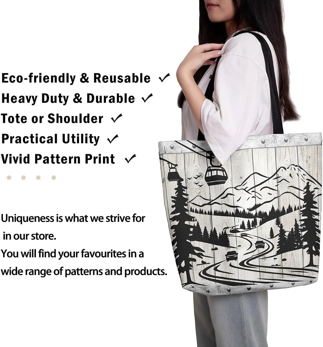 Castle Fairy Skiing Canvas Tote Bag 19.7x5.1 Inch Winter Farmhouse Shoulder Handbags for Adults Shopping Gym