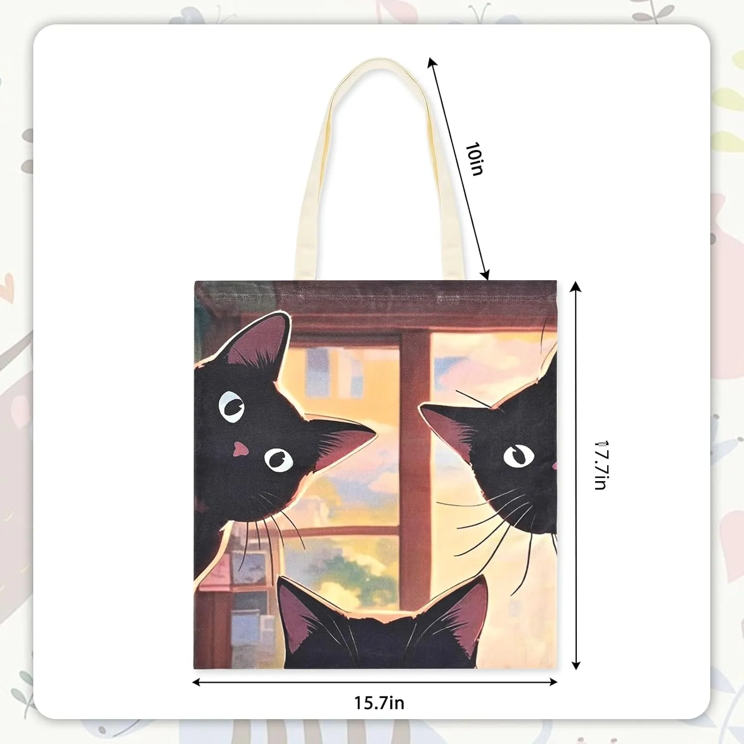 Cat Dog Canvas Shopping Bag with Zipper Closure, Inner Pockets - Heavy Duty Reusable Eco-Friendly Tote Bag for Women