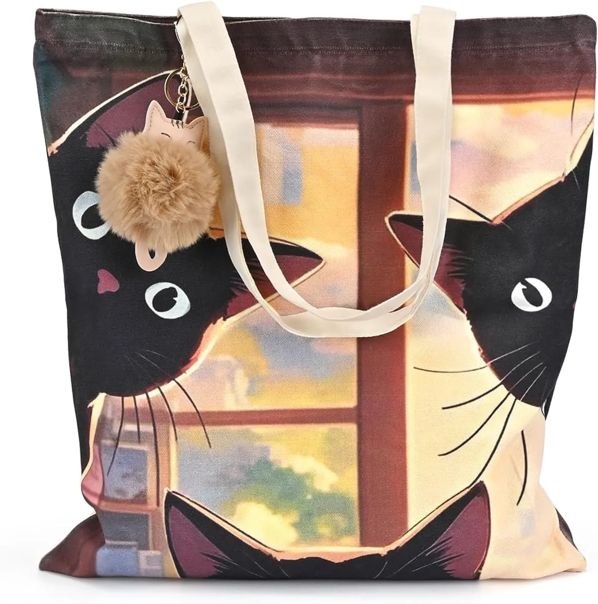 Cat Dog Canvas Shopping Bag with Zipper Closure, Inner Pockets - Heavy Duty Reusable Eco-Friendly Tote Bag for Women
