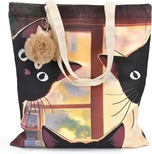 Cat Dog Canvas Shopping Bag with Zipper Closure, Inner Pockets - Heavy Duty Reusable Eco-Friendly Tote Bag for Women