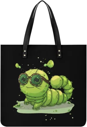 Caterpillar Glasses Insect Bug Leather Tote Bag for Women Men Shoulder Bag Casual Handbag Work Bag 39x39cm