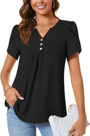 CATHY Women's Petal Short Sleeve Tunic Tops Dressy Summer Blouses V Neck Button Cute Shirts