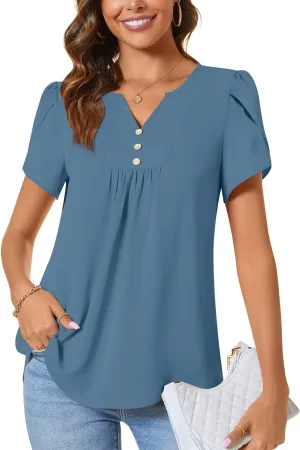 CATHY Women's Petal Short Sleeve Tunic Tops Dressy Summer Blouses V Neck Button Cute Shirts