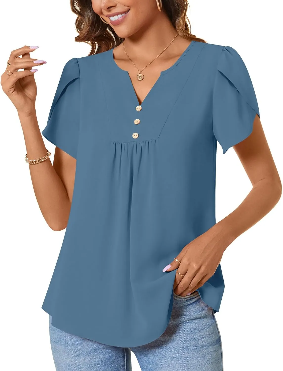 CATHY Women's Petal Short Sleeve Tunic Tops Dressy Summer Blouses V Neck Button Cute Shirts