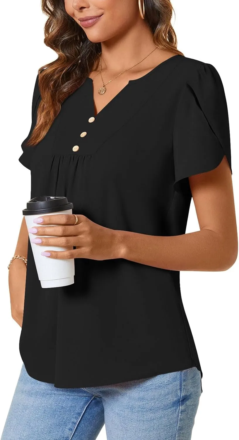 CATHY Women's Petal Short Sleeve Tunic Tops Dressy Summer Blouses V Neck Button Cute Shirts