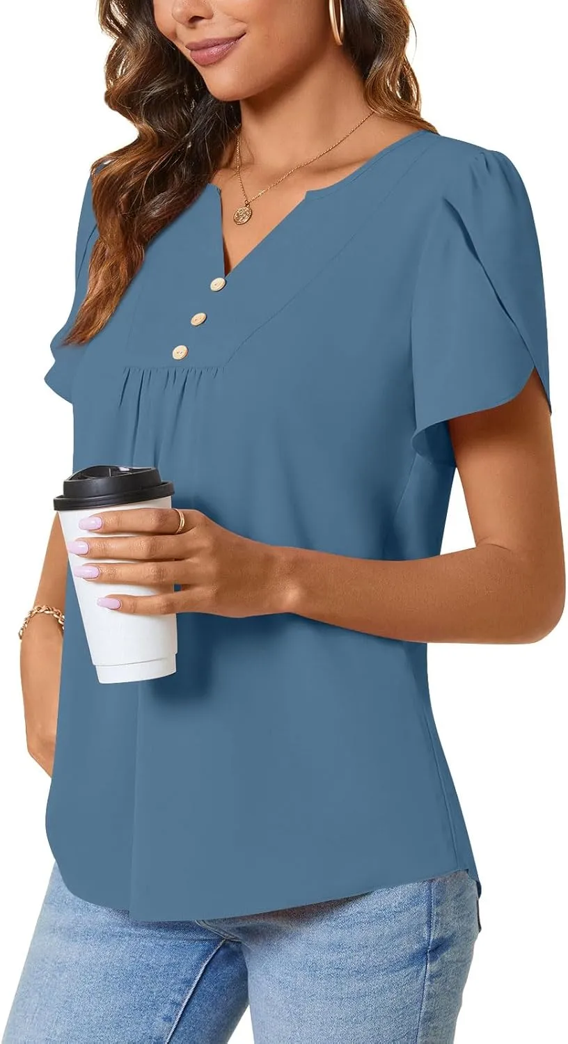 CATHY Women's Petal Short Sleeve Tunic Tops Dressy Summer Blouses V Neck Button Cute Shirts