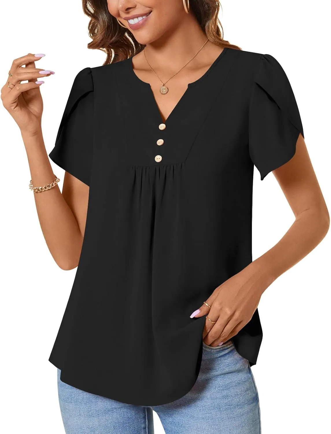 CATHY Women's Petal Short Sleeve Tunic Tops Dressy Summer Blouses V Neck Button Cute Shirts