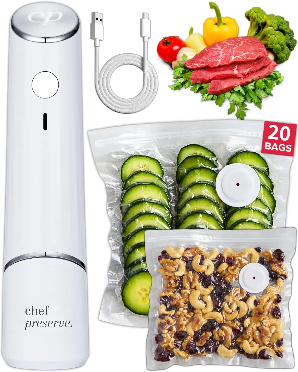 Chef Preserve Compact Vacuum Sealer for Food (Vacuum Sealer Machine   20 Reusable Vacuum Bags) Powerful Handheld Vacuum Sealer Machine, Seal Meal Saver, Portable Food Sealer