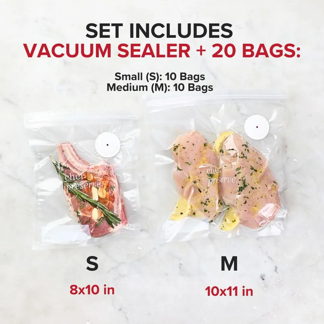 Chef Preserve Compact Vacuum Sealer for Food (Vacuum Sealer Machine   20 Reusable Vacuum Bags) Powerful Handheld Vacuum Sealer Machine, Seal Meal Saver, Portable Food Sealer