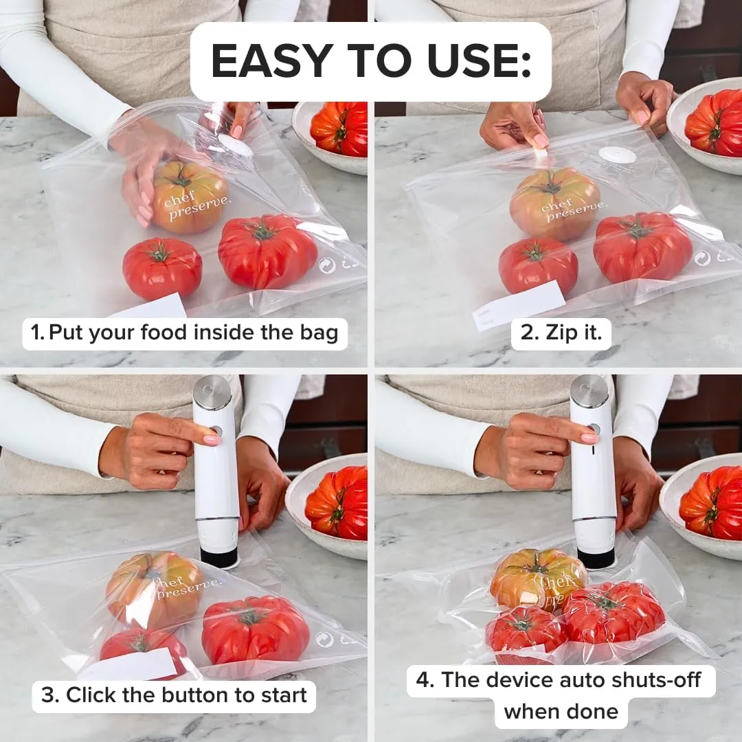Chef Preserve Compact Vacuum Sealer for Food (Vacuum Sealer Machine   20 Reusable Vacuum Bags) Powerful Handheld Vacuum Sealer Machine, Seal Meal Saver, Portable Food Sealer