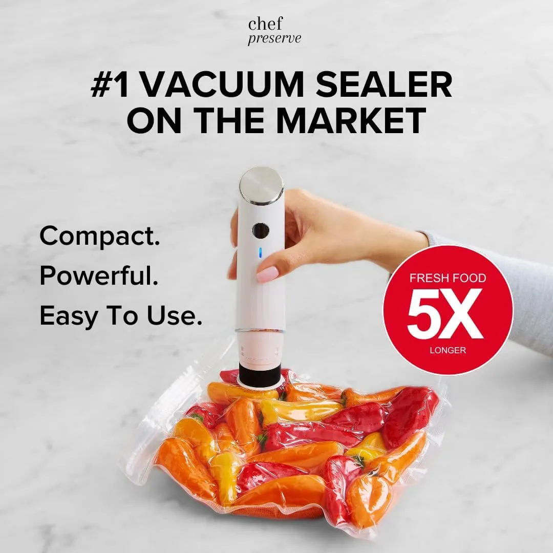 Chef Preserve Compact Vacuum Sealer for Food (Vacuum Sealer Machine   20 Reusable Vacuum Bags) Powerful Handheld Vacuum Sealer Machine, Seal Meal Saver, Portable Food Sealer