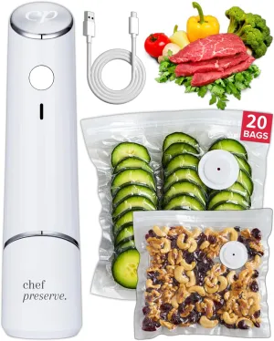 Chef Preserve Compact Vacuum Sealer for Food (Vacuum Sealer Machine   20 Reusable Vacuum Bags) Powerful Handheld Vacuum Sealer Machine, Seal Meal Saver, Portable Food Sealer