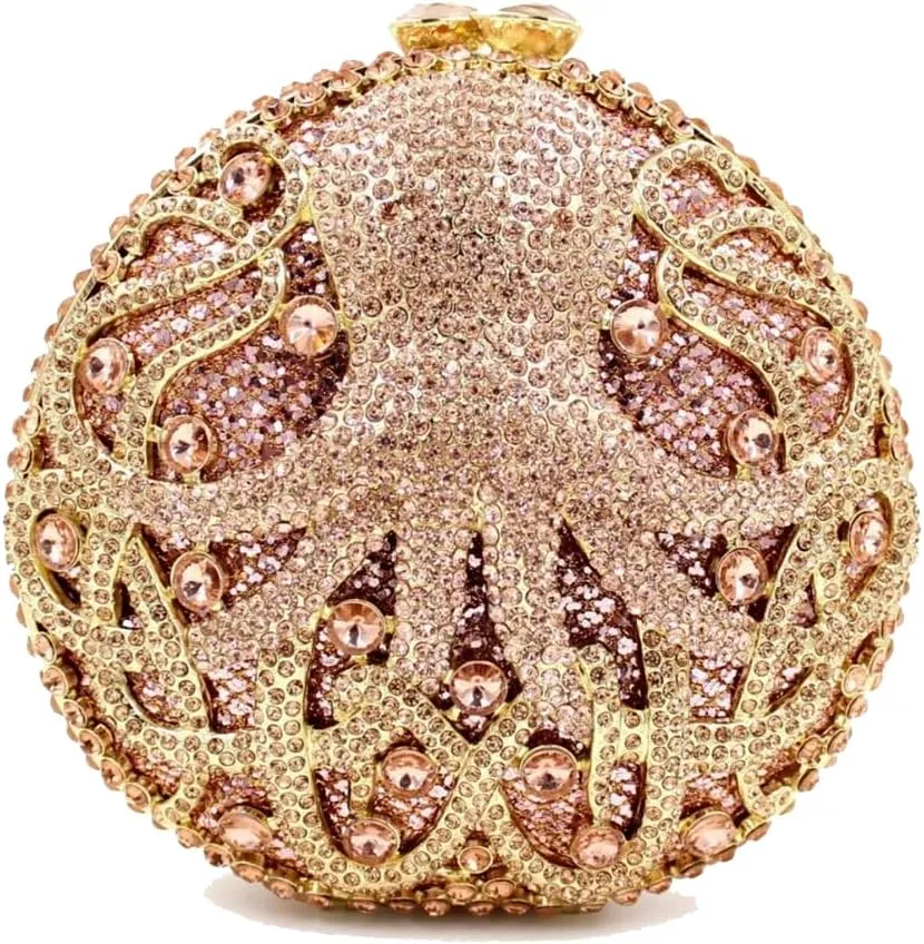 Chic Women Octopus Clutch Round Purse Mini Crystal Evening Bag Animal Diamonds Clutch for Prom Cocktail Party