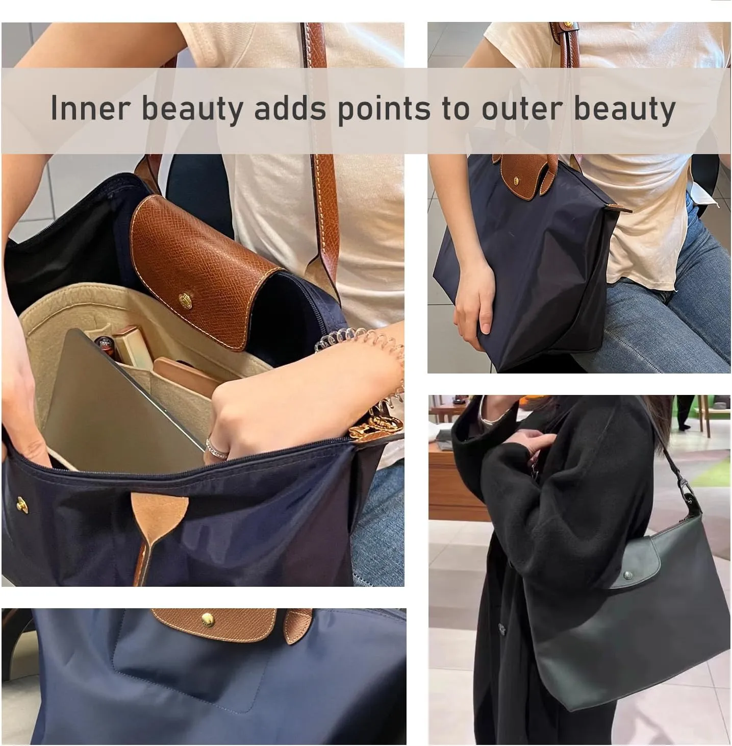 Chispee Felt Purse Organizer Insert Luxury Handbag Organizers for Longchamp Divider Pocket & Zipper Inner Bag Liner fit Small, Dark Brown