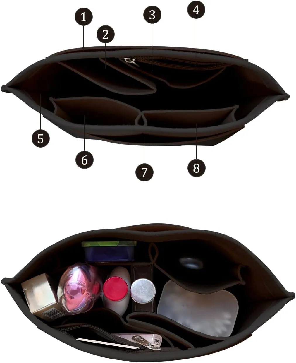 Chispee Felt Purse Organizer Insert Luxury Handbag Organizers for Longchamp Divider Pocket & Zipper Inner Bag Liner fit Small, Dark Brown
