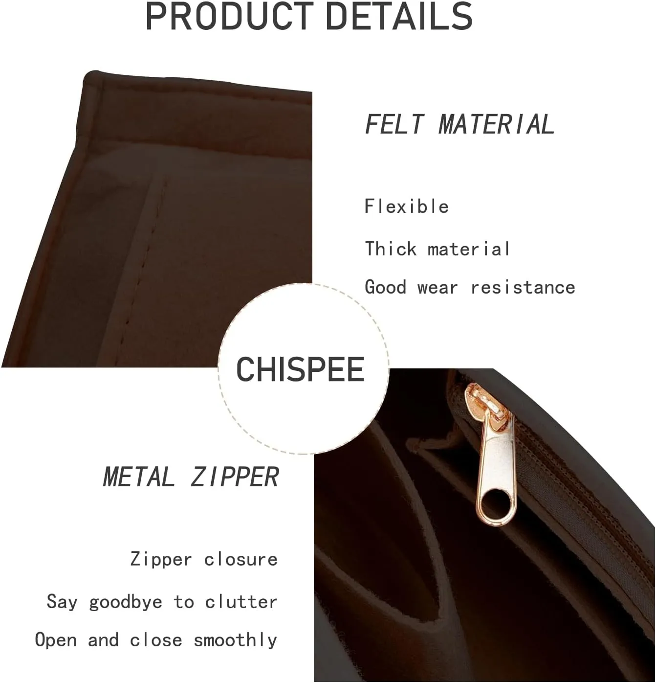 Chispee Felt Purse Organizer Insert Luxury Handbag Organizers for Longchamp Divider Pocket & Zipper Inner Bag Liner fit Small, Dark Brown