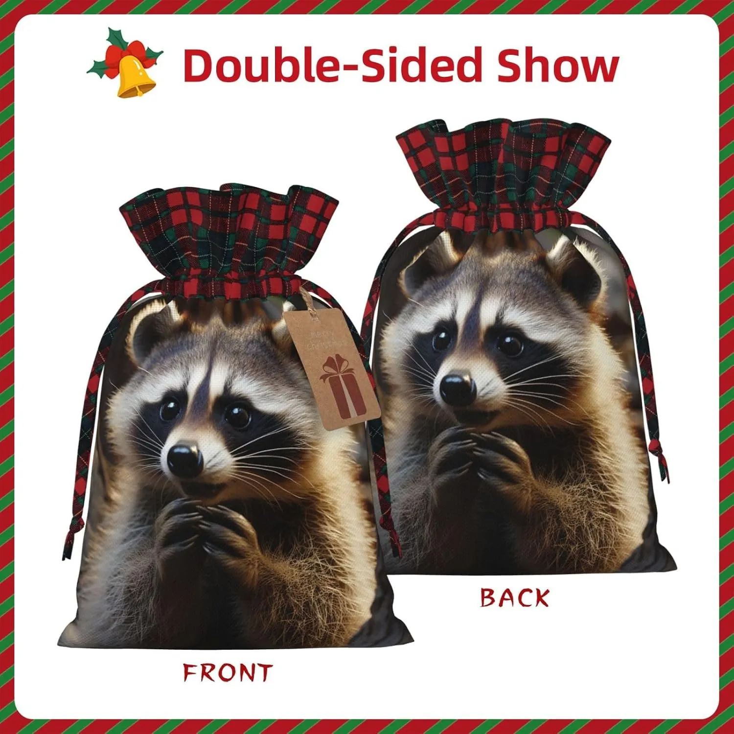 Christmas Gift Bag with Drawstring Christmas Wrapping Bags Cute Raccoon Drawstring Gift Bag for Xmas Burlap Gift Bags Halloween Candy Bags Reusable Xmas Present Bags for Party Decorations Medium