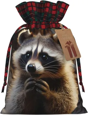 Christmas Gift Bag with Drawstring Christmas Wrapping Bags Cute Raccoon Drawstring Gift Bag for Xmas Burlap Gift Bags Halloween Candy Bags Reusable Xmas Present Bags for Party Decorations Medium