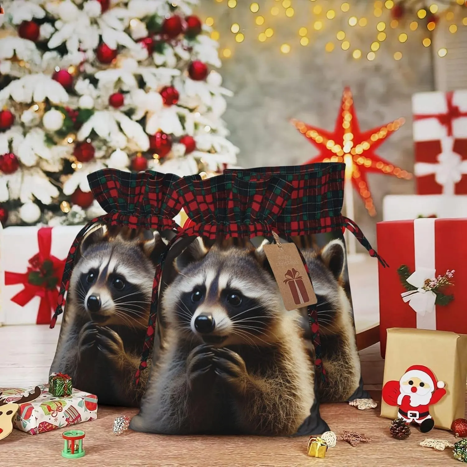 Christmas Gift Bag with Drawstring Christmas Wrapping Bags Cute Raccoon Drawstring Gift Bag for Xmas Burlap Gift Bags Halloween Candy Bags Reusable Xmas Present Bags for Party Decorations Medium