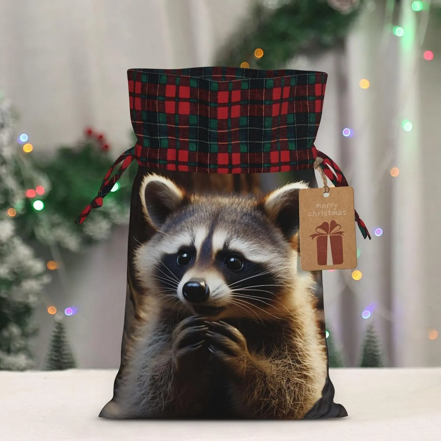 Christmas Gift Bag with Drawstring Christmas Wrapping Bags Cute Raccoon Drawstring Gift Bag for Xmas Burlap Gift Bags Halloween Candy Bags Reusable Xmas Present Bags for Party Decorations Medium
