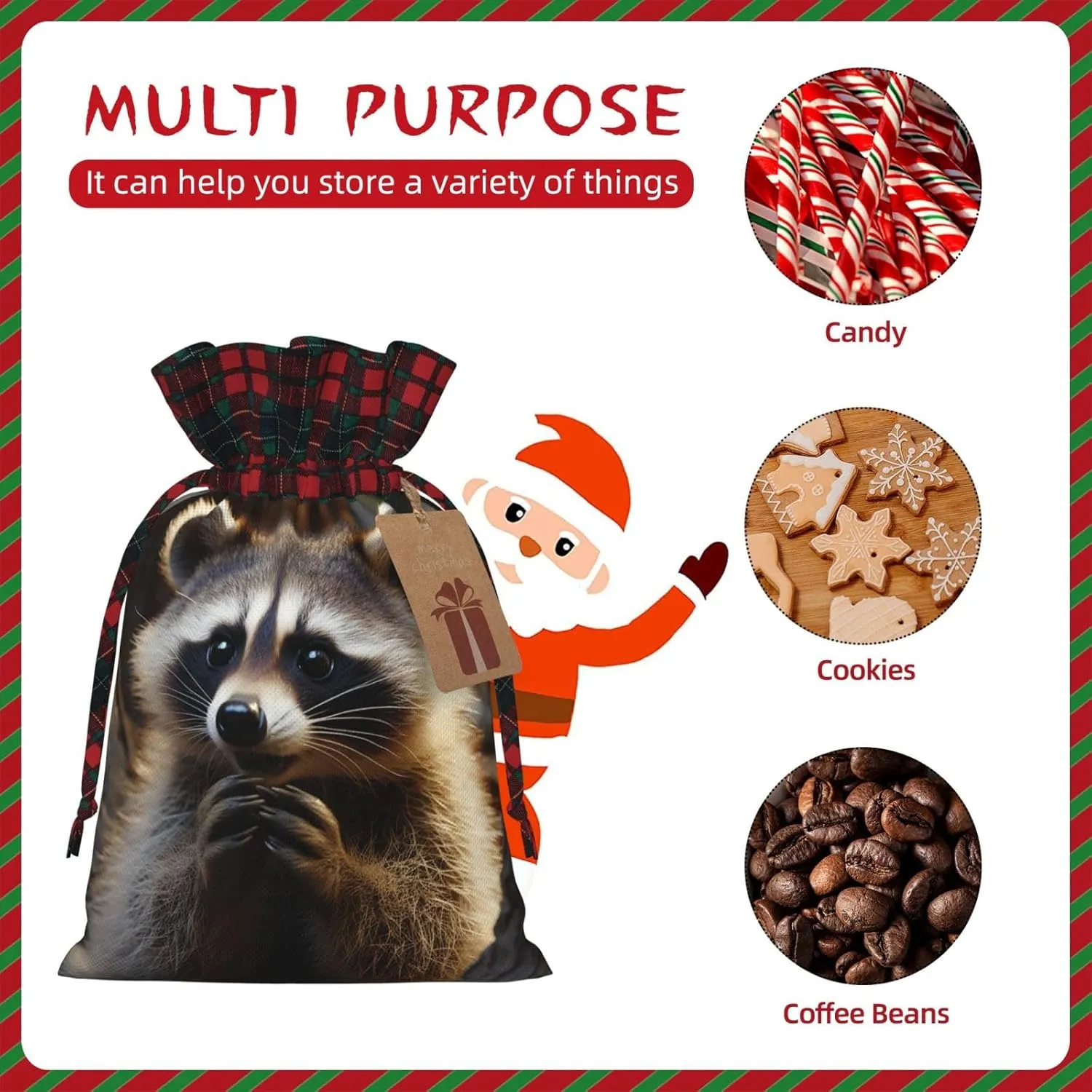 Christmas Gift Bag with Drawstring Christmas Wrapping Bags Cute Raccoon Drawstring Gift Bag for Xmas Burlap Gift Bags Halloween Candy Bags Reusable Xmas Present Bags for Party Decorations Medium