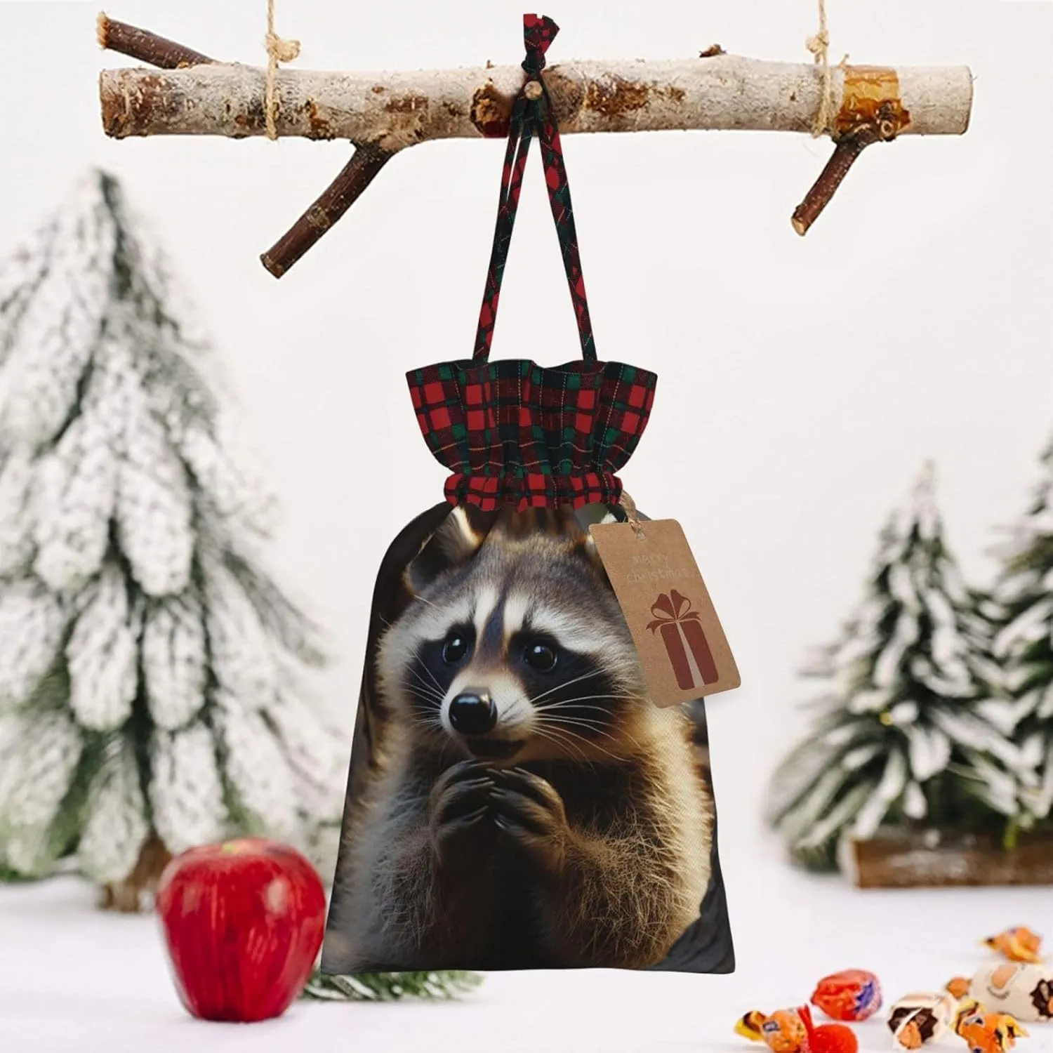 Christmas Gift Bag with Drawstring Christmas Wrapping Bags Cute Raccoon Drawstring Gift Bag for Xmas Burlap Gift Bags Halloween Candy Bags Reusable Xmas Present Bags for Party Decorations Medium