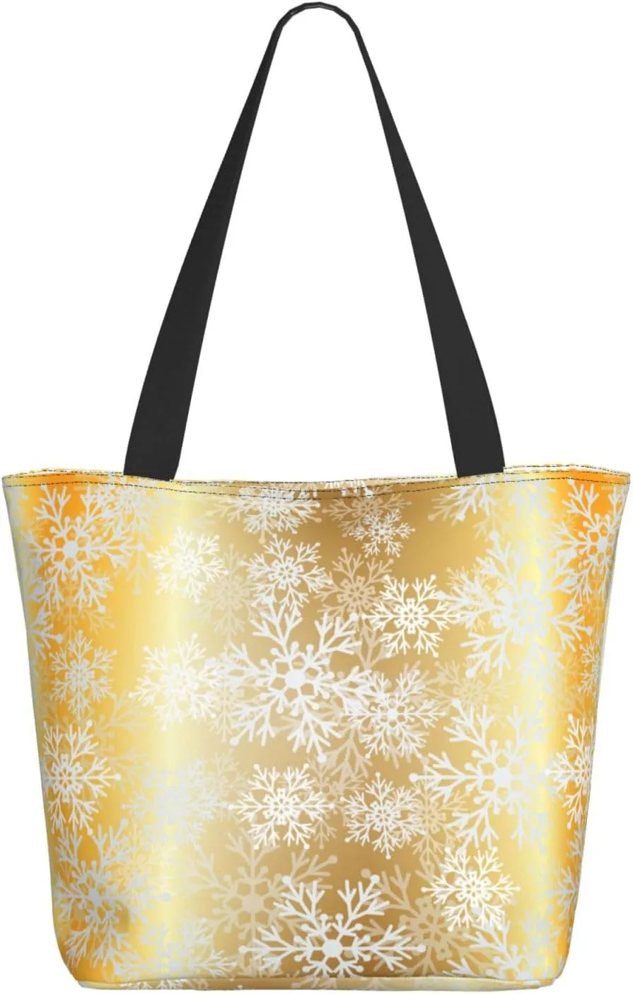 Christmas Golden Snowflakes Stars Tote Bag Women Reusable Shopping Bags Shoulder Bag Portable Storage HandBags