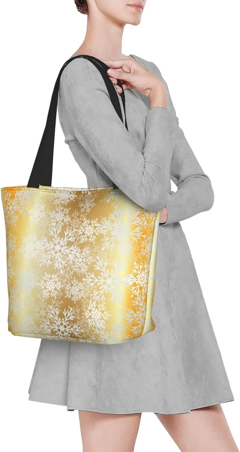 Christmas Golden Snowflakes Stars Tote Bag Women Reusable Shopping Bags Shoulder Bag Portable Storage HandBags