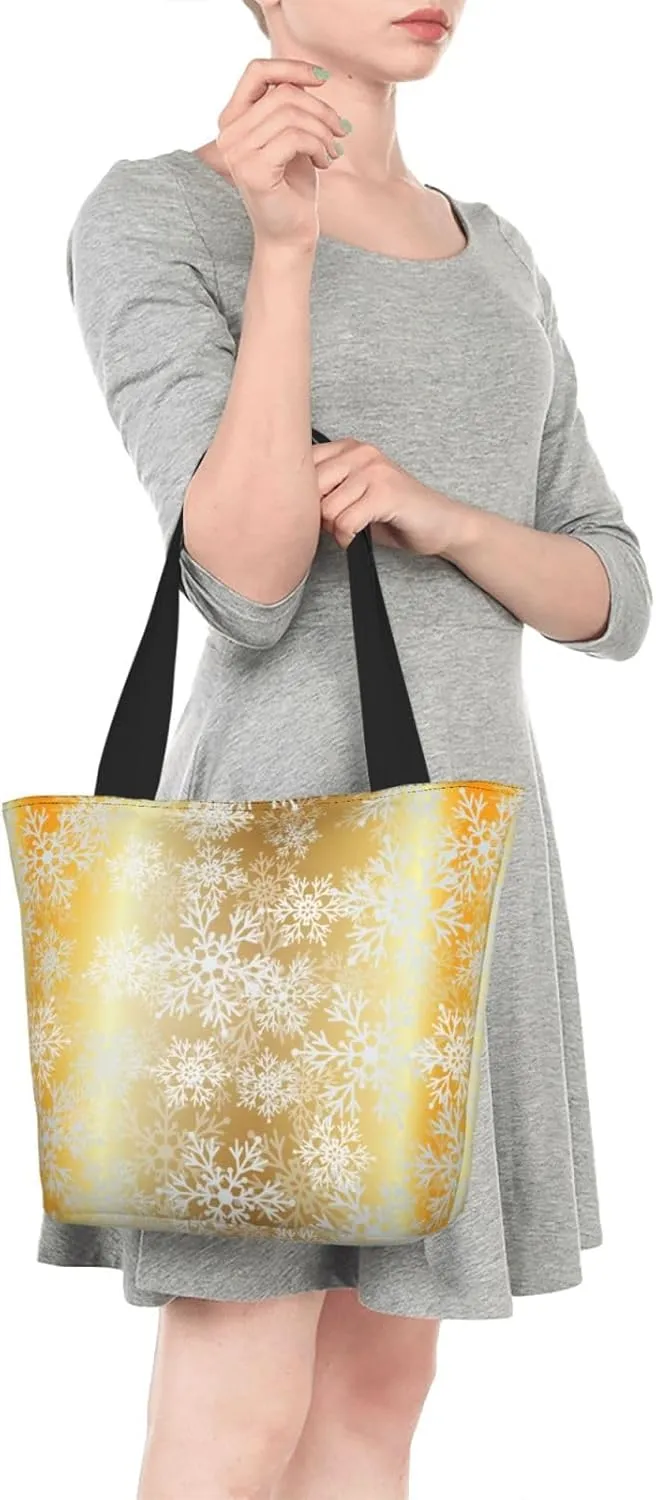 Christmas Golden Snowflakes Stars Tote Bag Women Reusable Shopping Bags Shoulder Bag Portable Storage HandBags