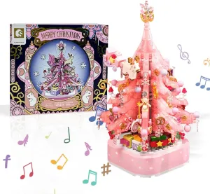 Christmas Tree Building Blocks, Christmas Music Box with LED Light Rotating Christmas Bricks Toy for Boys Girls, Pink Christmas Tree